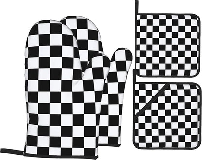 Checkered Black and White Plaid Oven Mitts and Pot Holders Set of 4, Heat - Image 8
