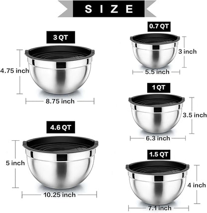 P&P CHEF Mixing Bowls with Airtight Lids Set of 5, 10-Piece Stainless Steel - Image 4