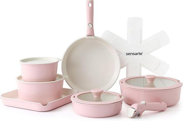 SENSARTE 17-Piece Ceramic Cookware Set with Removable Handle (Pink)