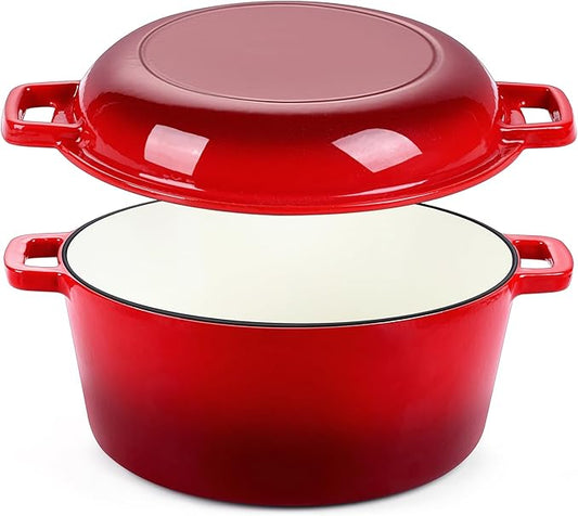 P&P CHEF 5Qt Dutch Oven Pot for Bread Baking, 2 In 1 Round Cast Iron Dutch Oven by PPCHEF