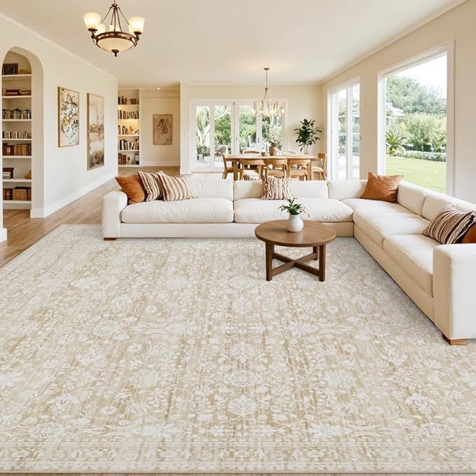 10x14 Area Rug for Living Room: Vintage Boho Neutral Washable Rug Indoor Soft by Luxturiy
