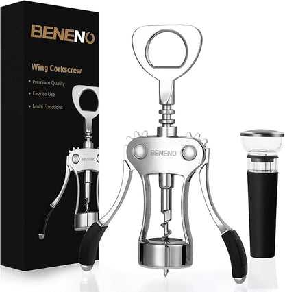 Beneno Wine Opener with Silicone Leak Proof Wine Vacuum Stopper, Zinc Alloy by Beneno