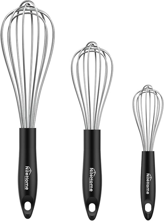 NileHome Silicone Whisk Set 8" 10" 12", 3 Pack Kitchen Whisk Kitchen Wisk Wire by NileHome