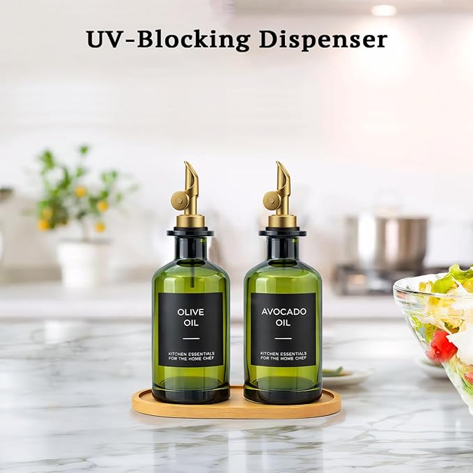 Olive Oil Dispenser Set, 2 x 11.8oz Deep Green Glass Bottles - Image 4