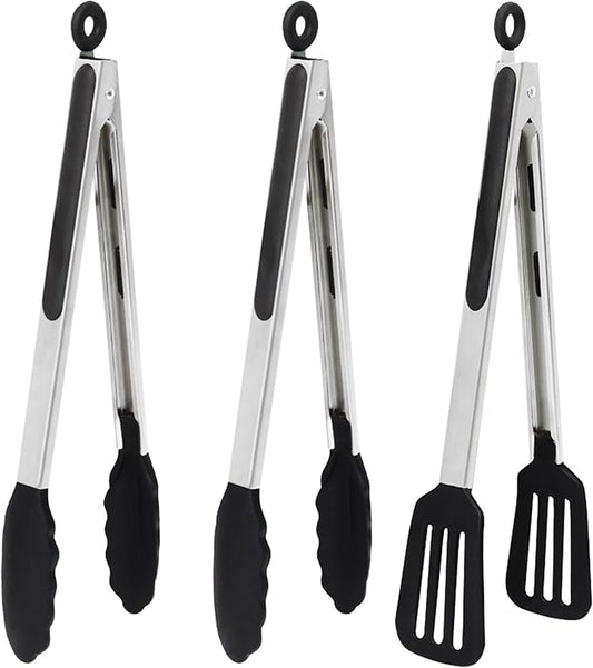 12 Inch Kitchen Tongs Set of 3, Silicone Tongs by Pharamat