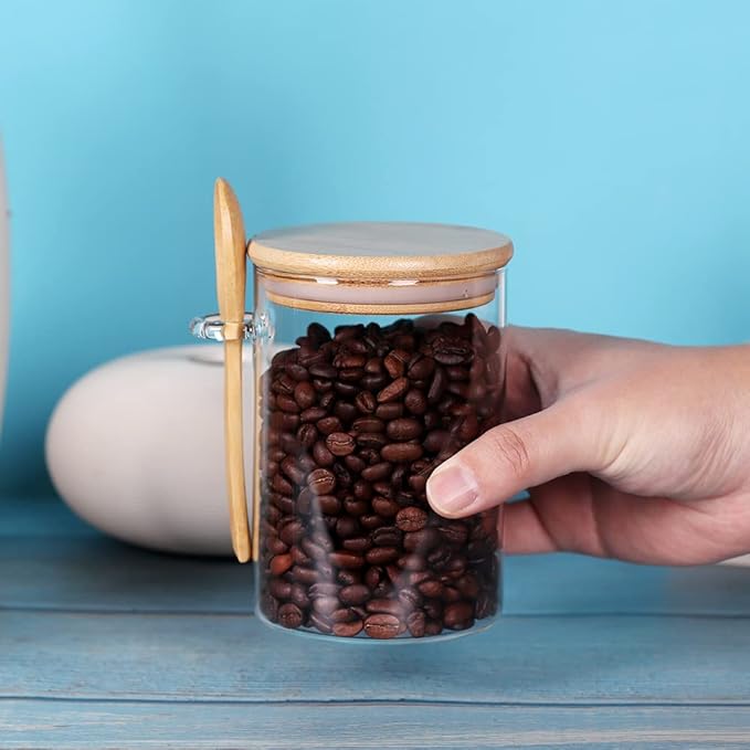Glass Jars with Bamboo Lids and Spoon Set of 6, 17 OZ Coffee Sugar Container - Image 4