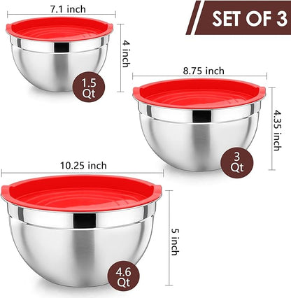 P&P CHEF Red Mixing Bowls with Lids, Stainless Steel Salad Nesting Bowl - Image 2