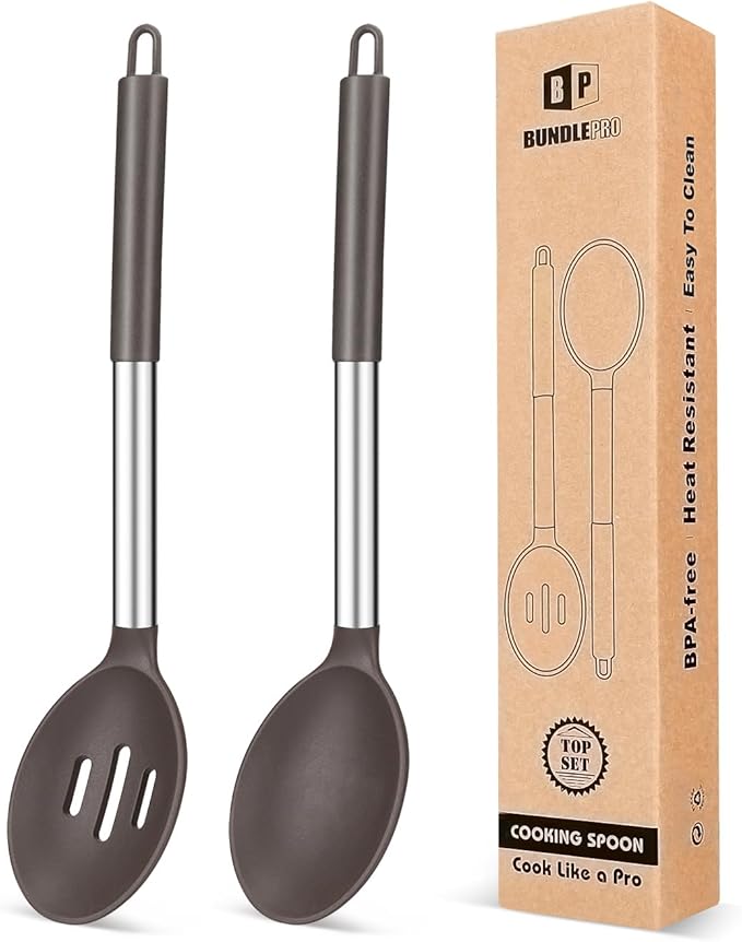 Pack of 2 Large Silicone Cooking Spoons, Non Stick Solid Basting Spoon by BUNDLEPRO