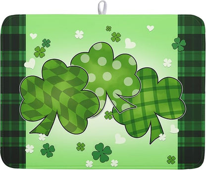 St Patricks Day Shamrocks Lucky Clovers Dish Drying Mat by Kawani