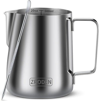 Milk Frothing Pitcher, 20oz Espresso Steaming Pitchers Stainless Steel by Zroden