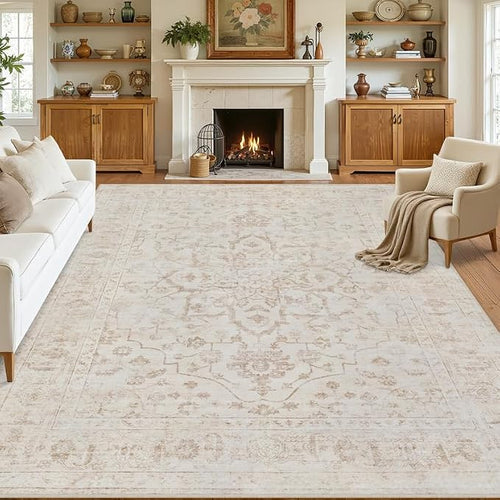 8x10 Area Rugs for Living Room: Vintage Boho Neutral Washable Rug Indoor Soft by Luxturiy