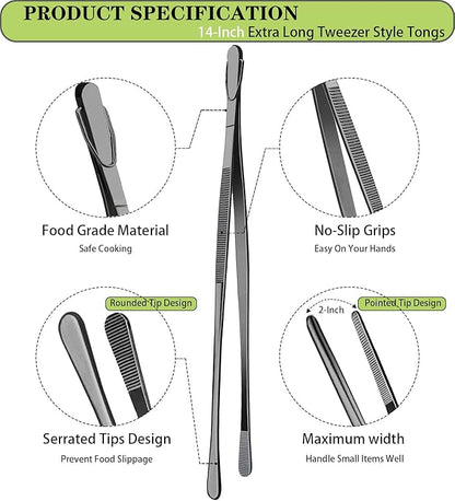 JETKONG 2 Pcs 14-Inch Food Tweezer Tongs Extra Long Stainless Steel Kitchen - Image 2