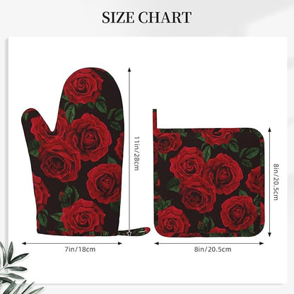 Red Black Rose Flower Oven Mitts and Pot Holders Sets of 4, Heat Resistant - Image 2