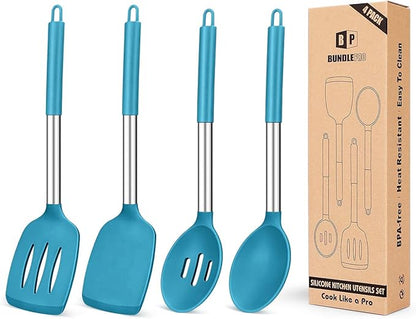 Pack of 4 Silicone Cooking Utensils Set, Non Stick Large Solid Spatulas by BUNDLEPRO