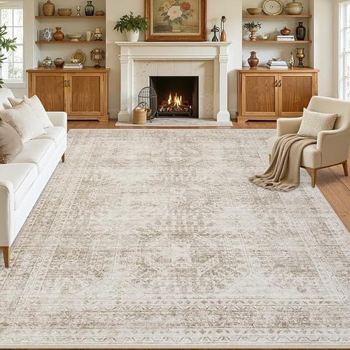 8x10 Area Rugs for Living Room: Vintage Boho Neutral Washable Rug Indoor Soft by Luxturiy
