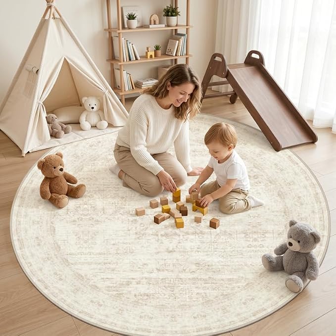 Round Area Rug for Living Room: 8ft Vintage Boho Neutral Washable Circle Rug - Image 3