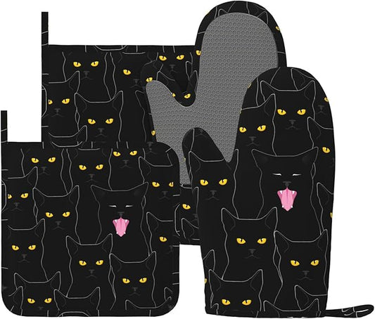 Fun Black Cat Oven Mitts and Pot Holders Set of 4 Silicone Heat Resistant Oven by VOOHDDY