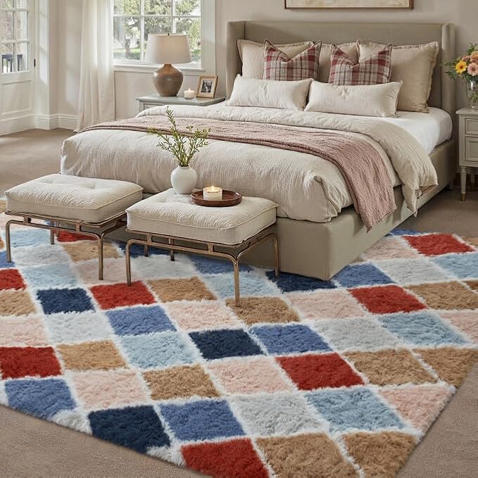 PureCozy 5x7 Checkered Rug for Living Room Rainbow Modern Soft Area Rug Fluffy - Image 3