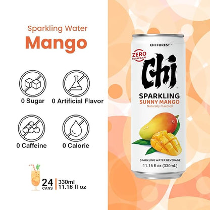 CHI FOREST Mango Sparkling Water Beverage, Zero Sugar Drinks, Zero Artificial Flavor, 11.16 fl oz Cans (Pack of 24)