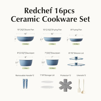 Redchef 16pcs Ceramic Nonstick Pots and Pans Set, Kitchen Cookware Set - Image 9