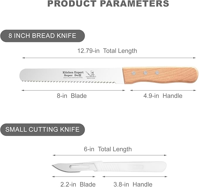 2-Pack Bread Knife & Bread Lame Set: 8" Premium Stainless Steel Serrated Knives Blade with Wood Handle for Homemade Bread, Sourdough Tomato, Bagel + Dough Scoring Tool for Razor Sharp Carving