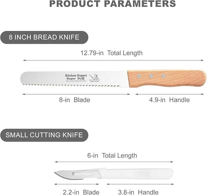 2-Pack Bread Knife & Bread Lame Set: 8" Premium Stainless Steel Serrated Knives Blade with Wood Handle for Homemade Bread, Sourdough Tomato, Bagel + Dough Scoring Tool for Razor Sharp Carving
