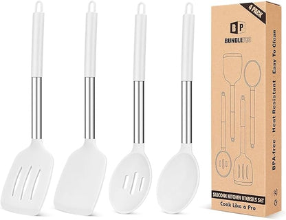 Pack of 4 Silicone Cooking Utensils Set, Non Stick Large Solid Spatulas by BUNDLEPRO
