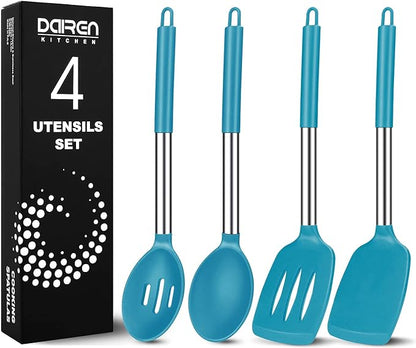 Pack of 4 Large Silicone Cooking Spatulas and Spoons, Slotted and Solid by DaiRenKitchen