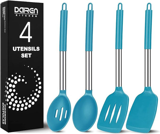 Pack of 4 Large Silicone Cooking Spatulas and Spoons, Slotted and Solid by DaiRenKitchen