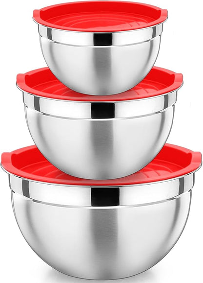 P&P CHEF Red Mixing Bowls with Lids, Stainless Steel Salad Nesting Bowl by PPCHEF