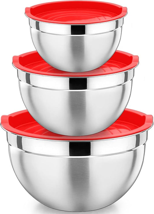 P&P CHEF Red Mixing Bowls with Lids, Stainless Steel Salad Nesting Bowl by PPCHEF