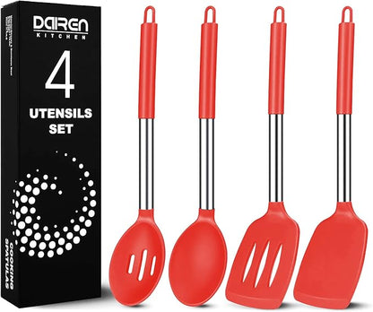 Pack of 4 Large Silicone Cooking Spatulas and Spoons, Slotted and Solid by DaiRenKitchen