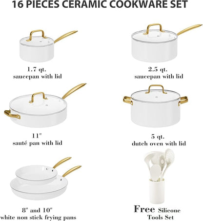 Ceramic Cookware Set, VONIKI 16 Pcs Pots and Pans Set Non Stick, Kitchen - Image 2