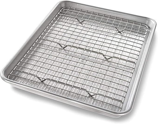 USA Pan Bakeware Quarter Sheet Baking Pan and Bakeable Nonstick Cooling Rack Set by USAPan