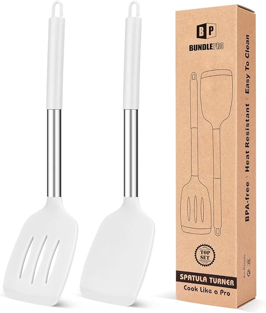Pack of 2 Silicone Solid Turner, Non Stick Slotted Kitchen Spatulas, High Heat by BUNDLEPRO