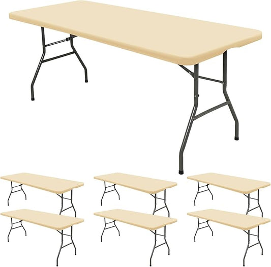 6 Pack Stretch Fabric Table Top Cap Cover, fits 8' Tables, Spandex Table Covers Washable Elastic Rectangle Tablecloth Protector for Indoor Outdoor Party Picnic Wedding, Beige, 30" W x 96" L