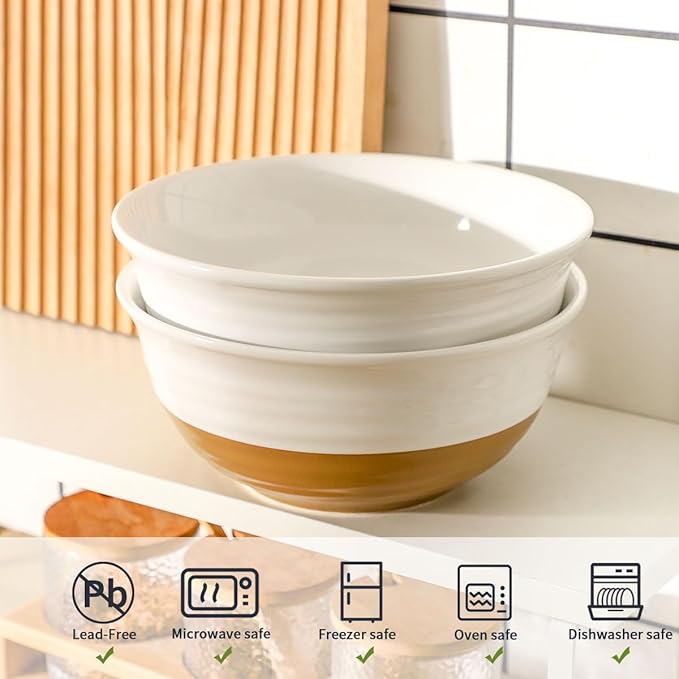 HASENSE Large Ceramic Serving Bowls Set of 2, 60 Oz 8.5 Inch White & Terracotta - Image 5