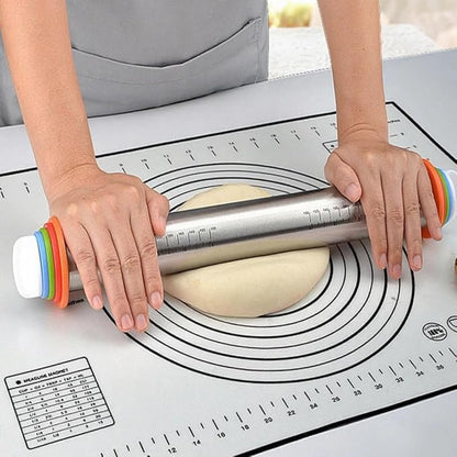 Rolling Pin with Adjustable Thickness Rings and Silicone Baking Pastry Mat Set - Image 6