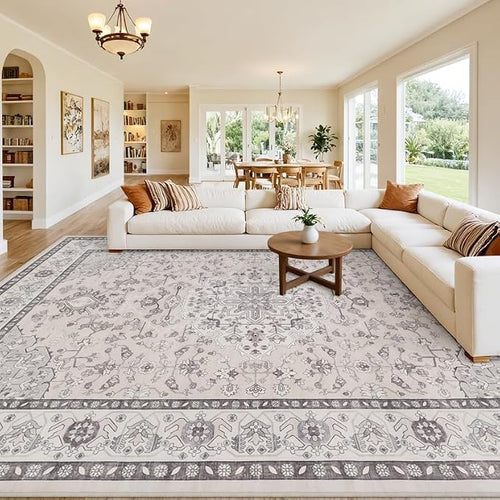 10x14 Area Rug for Living Room: Vintage Boho Neutral Washable Rug Indoor Soft by Luxturiy