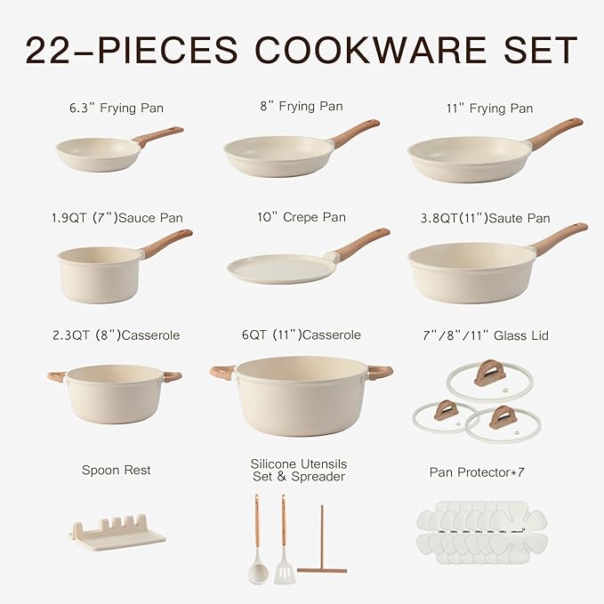 Pots and Pans Set Non Stick Non-Toxic 22 Pcs Ceramic Cookware Sets Nonstick - Image 8