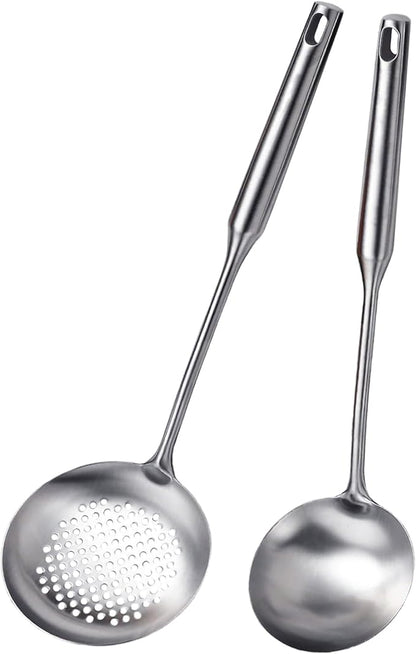 Soup Ladle and Slotted Spoon Set of 2, Metal 316 Stainless Steel Kitchen Ladles by EJOEXQU