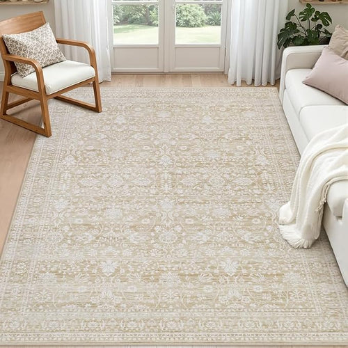 6x9 Area Rugs for Living Room: Vintage Boho Neutral Washable Rug Indoor Soft by Luxturiy