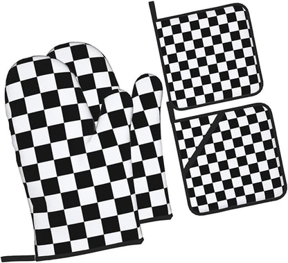 Checkered Black and White Plaid Oven Mitts and Pot Holders Set of 4, Heat - Image 9