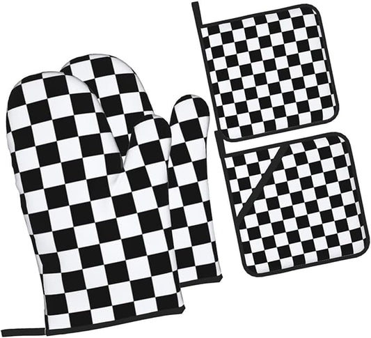 Checkered Black and White Plaid Oven Mitts and Pot Holders Set of 4, Heat by Unknown