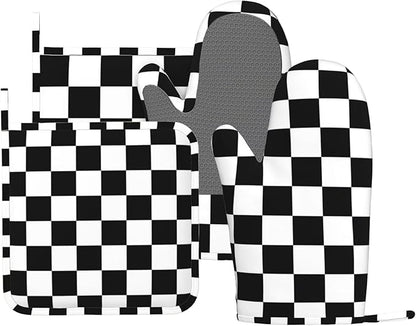 Black White Check Plaid Oven Mitts and Pot Holders Sets Silicone Black and by MIFSOIAVV