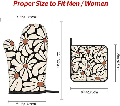 Boho Floral Pot Holders and Oven Mitts Set, Cute Black and Beige Kitchen Mitts - Image 4