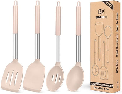 Pack of 4 Silicone Cooking Utensils Set, Non Stick Large Solid Spatulas by BUNDLEPRO