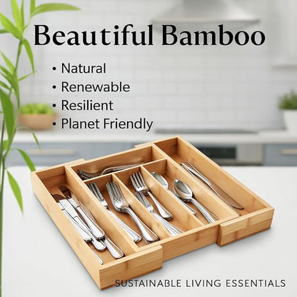 HIC Kitchen Expandable 6-Slot Silverware Cutlery Utensil Storage Tray, Natural - Image 5