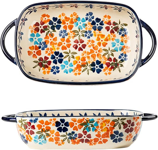 Colorful Cherry Blossom Flowers Vintage Style Ceramic Bakeware Dish Casserole by Bicuzat