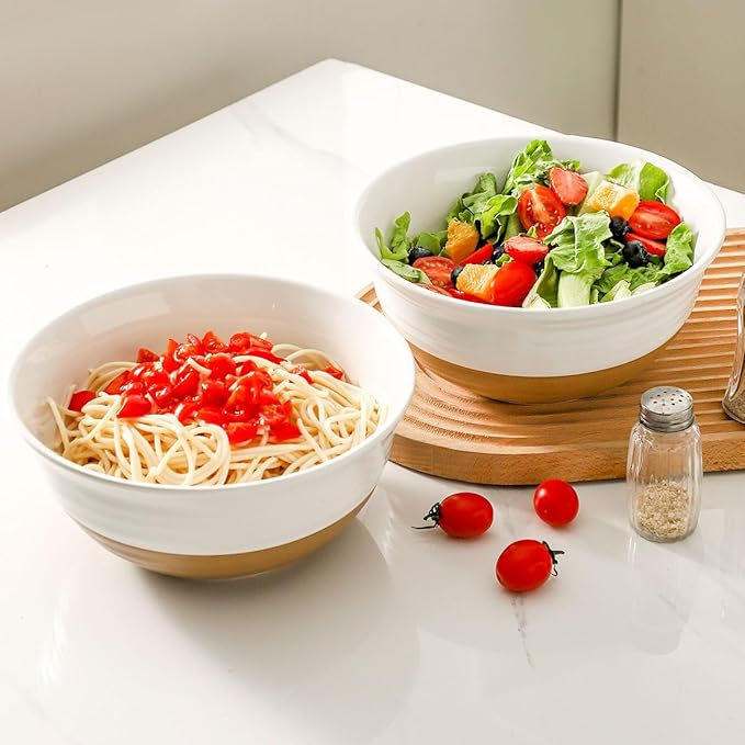 HASENSE Large Ceramic Serving Bowls Set of 2, 60 Oz 8.5 Inch White & Terracotta - Image 6